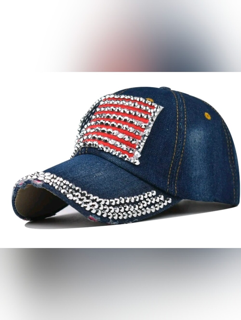 American Flag Hat Bedazzled Jeweled Denim Baseball  Cap W/Adjustable Strap